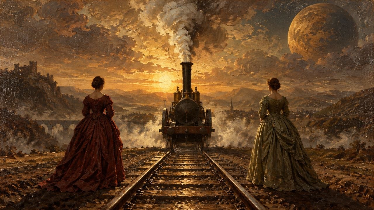 1825: gőzmozdony szemből a síneken, két korabeli ruhás nő háttal két oldalt, naplemente, jobbra fent óriási bolygó