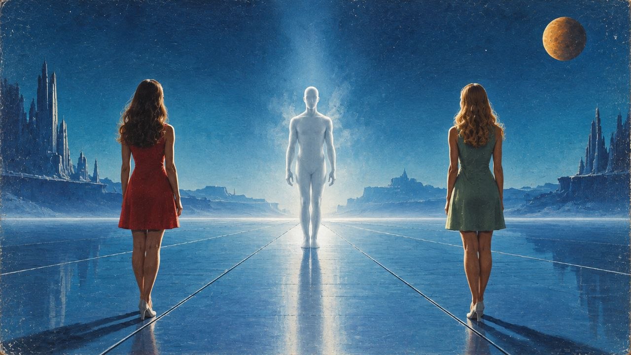 2026: fehér humanoid alak világít tükröződő síkon, a két nő háttal két oldalt, jobbra fent a legkisebb bolygó