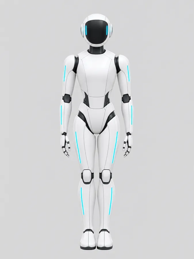 Fehér humanoid szervizrobot, teljes alak, szemből
